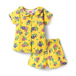 Babyhug Cotton Knit Half Sleeves Peter Pan Collared Co-ords Shorts Night Suit with Floral Print - Yellow