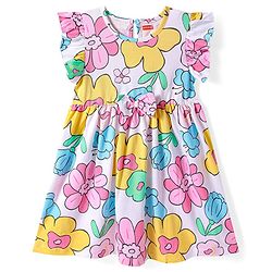 Babyhug Cotton Knit Frill Sleeves Dress With Floral Print & Bow Applique - White