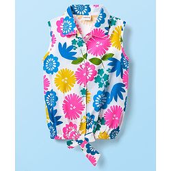 Babyhug Cotton Knit Sleeveless Knotted Top with Floral Print - White