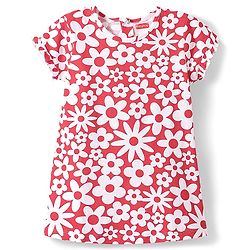 Babyhug Cotton Knit Half Sleeves Nighty With Floral Print - Red & White