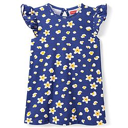 Babyhug Cotton Knit Frill Sleeves Nighty with Floral Print - Navy Blue