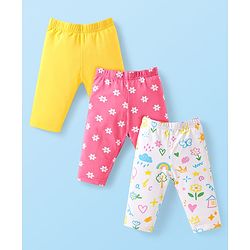 Babyhug Cotton Lycra Knit Three Fourth Length Leggings With Butterfly & Floral Print Pack Of 3 - Yellow Pink & White