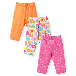 Babyhug Cotton Lycra Three Fourth Leggings With Polka Dot Pack Of 3 - Pink White & Orange