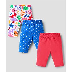 Babyhug Cotton Lycra Knit Three Fourth Leggings With Polka Dots & Floral Print Pack Of 3 - Red Blue & White