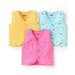 Babyhug 100% Cotton Woven Sleeveless Polka Dot & Heart Printed Jhablas Pack of 3 - Pink Light Blue & Yellow