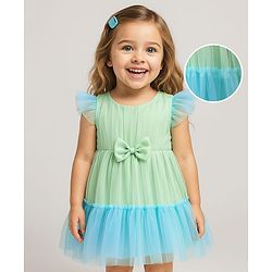 Babyhug Woven Frill Sleeves Solid Mesh Party Dress With Bow Applique - Light Blue