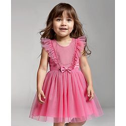 Babyhug Woven Frill Sleeves Fit & Flare Mesh Party Dress with Bow Applique - Pink