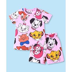 Babyhug Disney Single Jersey Knit Half Sleeves Co-ords Shorts Night Suit with Disney Character Graphics - Light Pink