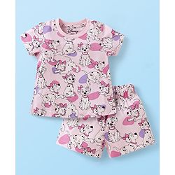 Babyhug Disney Single Jersey Knit Half Sleeves Shorts Night Suit with 101 Dalmatian Print - Pink