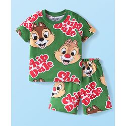 Babyhug Disney Single Jersey Knit Half Sleeves Shorts Night Suit With Chip 'N Dale Print - Olive Green