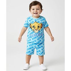 Babyhug Disney Single Jersey Knit Half Sleeves Shorts Night Suit With Lion King Graphics - Light Blue