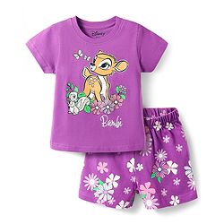 Babyhug Disney Single Jersey Knit Half Sleeves Shorts Night Suit With Bambi Graphic - Purple