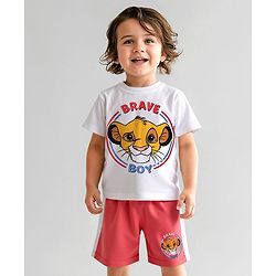 Babyhug Disney Single Jersey Knit Half Sleeves T-Shirts & Shorts Set with Lion King Graphics & Badge Detailing - Red & White