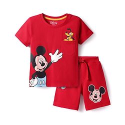 Babyhug Disney Single Jersey Knit Half Sleeves T-Shirt & Shorts Set With Mickey Mouse Graphics And Pocket Detailing - Red