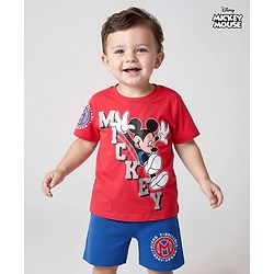 Babyhug Disney Single Jersey Knit Half Sleeves T-Shirt & Shorts Set With Mickey Mouse Graphics & Batch Detailing - Red & Blue