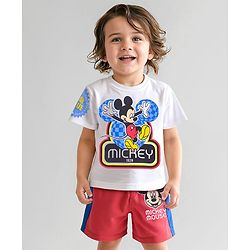 Babyhug Disney Half Sleeves T-Shirt & Shorts Set with Mickey Mouse & Family Graphics - White & Red