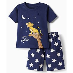 Babyhug Disney Single Jersey Knit Half Sleeves Shorts Night Suit with Lion King & Stars Graphics - Navy Blue