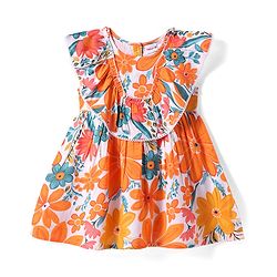 Babyhug Cotton Woven Frill Sleeves Frock with Floral Print & Ruffle - Orange