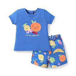 Babyhug Cotton Knit Half Sleeves Short Night Suit with Fruit Print - Blue