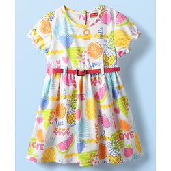 Babyhug Cotton Woven Half Sleeves Frock With Fruit Print & Belt - White