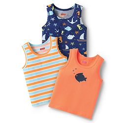Babyhug 100% Cotton Single Jersey Knit Sandos With Stripes & Fish Print Pack Of 3 - Orange & Navy Blue