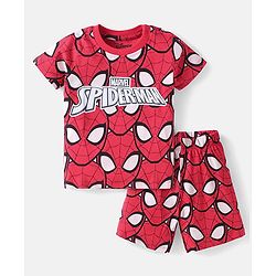 Babyhug Marvel Single Jersey Knit Half Sleeves Shorts Night Suit With Spider-Man Print - Red