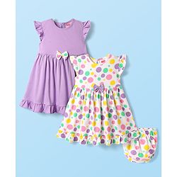 Babyhug Cotton Woven Frill Sleeves Polka Dots Printed Frocks with Bloomer Headbands & Bow Applique Print Pack of 2 - White & Lilac