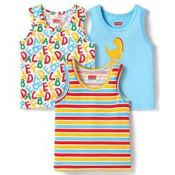 Babyhug 100% Cotton Knit Sleeveless Alphabet & Dino Printed Sando Vests Pack of 3 - Light Blue White & Red