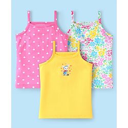 Babyhug 100% Cotton Single Jersey Knit Sleeveless Slips With Polka Dots & Floral Print Pack Of 3 - Pink Yellow & White