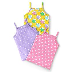 Babyhug 100% Cotton Single Jersey Knit Sleeveless Slips With Polka Dots & Star Print Pack Of 3 - Pink Purple & Yellow