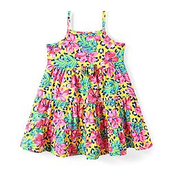 Babyhug Single Jersey Knit Sleeveless Frock with Floral Print - Yellow Pink & Green