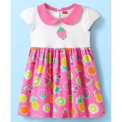 Babyhug Single Jersey Knit Cap Sleeves Peter Pan Collared Frock with Fruits Print - Dark Pink