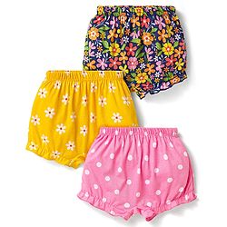 Babyhug 100% Cotton Knit Floral & Polka Dot Printed Bloomers Pack of 3 - Navy Blue Pink & Yellow