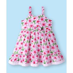 Babyhug Cotton Knit Sleeveless Frock with Floral Print & Bow Applique - Pink & Green