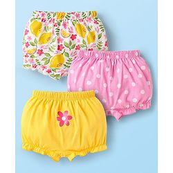 Babyhug 100% Cotton Single Jersey Knit Bloomers With Polka Dots & Floral Print Pack Of 3 - Pink Yellow & White
