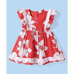 Babyhug Cotton Knit Frill Sleeves Frock with Floral Print & Lace Detailing - Rust Orange