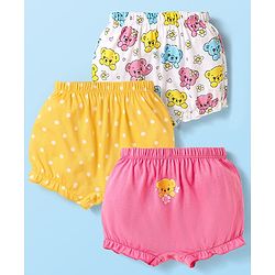 Babyhug 100% Cotton Knit Animal & Polka Dot Printed Bloomers Pack of 3 - Pink White & Yellow
