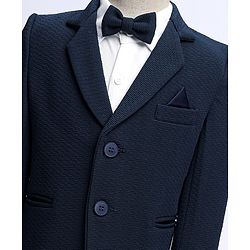 Babyhug Knit Full Sleeves Solid 3 Piece Party Suit With Bow - Navy Blue