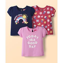 Babyhug Cotton Knit Half Sleeves T-Shirts with Floral Text & Rainbow Print Pack of 3 - Pink Red & Navy Blue