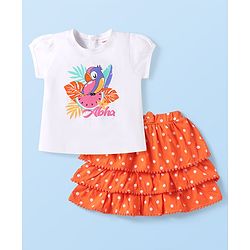 Babyhug Single Jersey Knit Half Sleeves Top & Skirt Set with Bird & Polka Dots Print Bow Applique - Orange & White
