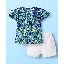 Babyhug Cotton Woven Half Frill Sleeves Floral Printed Top & Shorts Set - White & Blue