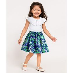 Babyhug Cotton Woven Sleeveless Floral Printed Top & Shorts Set with Chifilli Detailing - White & Blue