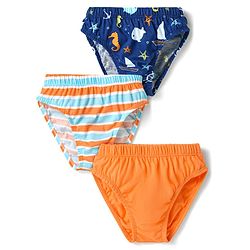 Babyhug 100% Cotton Knit Striped & Sea Animals Printed Briefs Pack of 3 - Navy Blue White & Orange