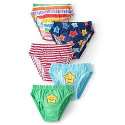 Babyhug 100% Cotton Single Jersey Knit Briefs With Stripes & Star Print Pack Of 5 - Multicolour