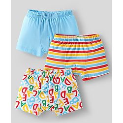 Babyhug 100% Cotton Single Jersey Knit Trunks With Stripes & Alphabet Print Pack Of 3 - Yellow & Light Blue