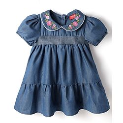 Babyhug Denim Woven Half Sleeves Peter Pan Collar Frock With Floral Embroidery - Blue