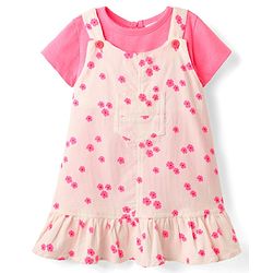 Babyhug Cotton Knit Floral Printed Frock with Half Sleeves Inner Tee - Pink