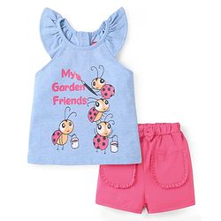 Babyhug Single Jersey Knit Frill Sleeves Halter Neck Top & Shorts Set with Ladybird Print - Light Blue & Dark Pink