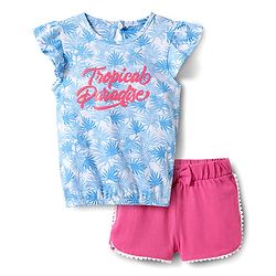 Babyhug Single Jersey Knit Frill Sleeves Top & Shorts Set with Tropical Theme Puff Print & Bow Applique - Light Blue & Pink