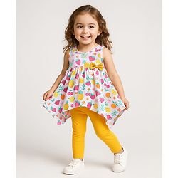 Babyhug Single Jersey Knit Sleeveless Fruits & Floral Printed Top & Leggings Set with Bow Applique - Yellow & White